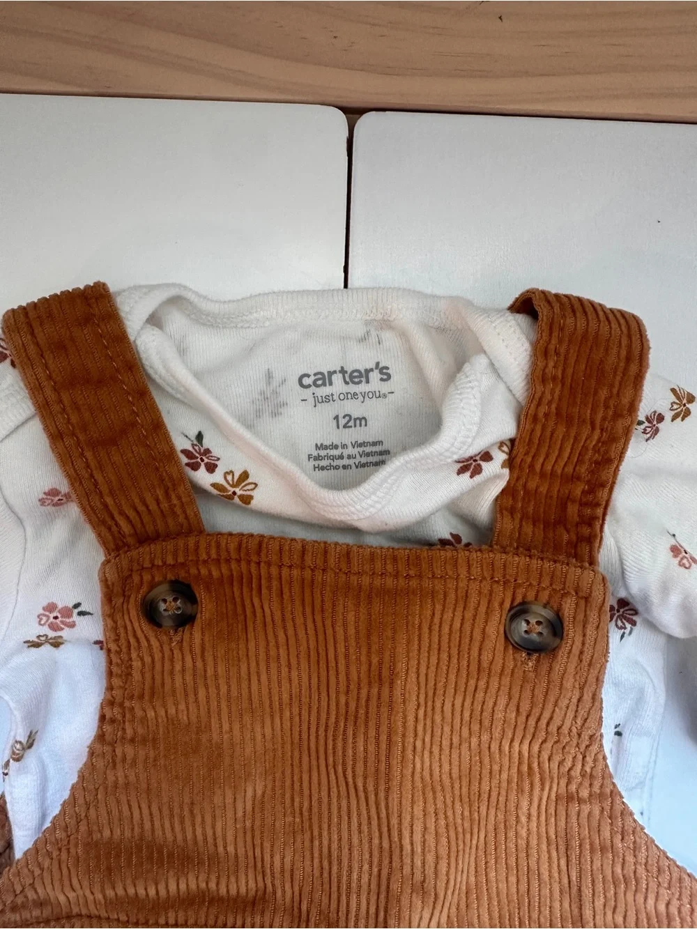 Carter’s 2pc Fall Floral Onesie Mustard Yellow Corduroy Jumper Dress Set 12m
